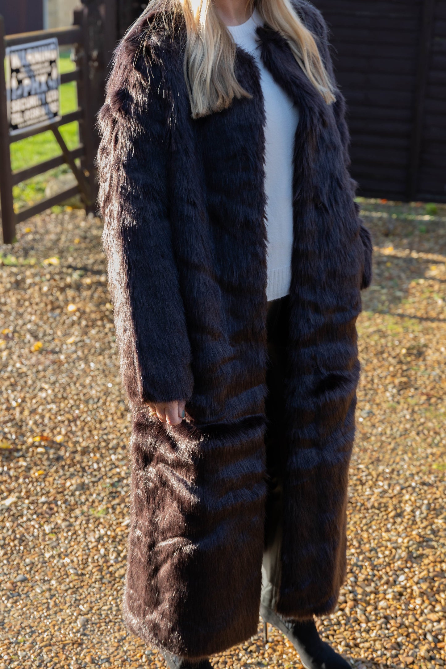 Brown long hair faux fur coat