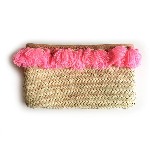 Straw Clutch Bag With  Pink Pom Poms