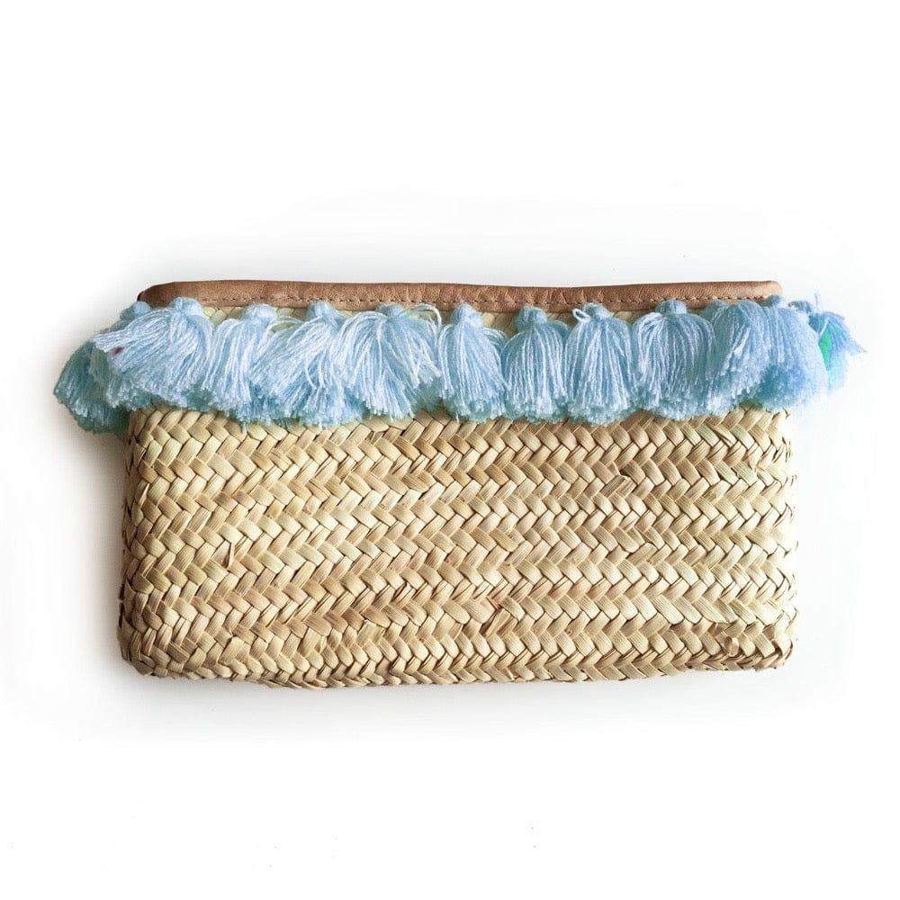 Straw Clutch Bag With  Blue Pom Poms