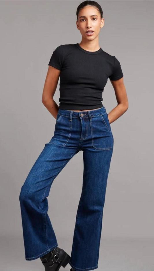 Flare Leg Jeans With Pocket - Darker Wash