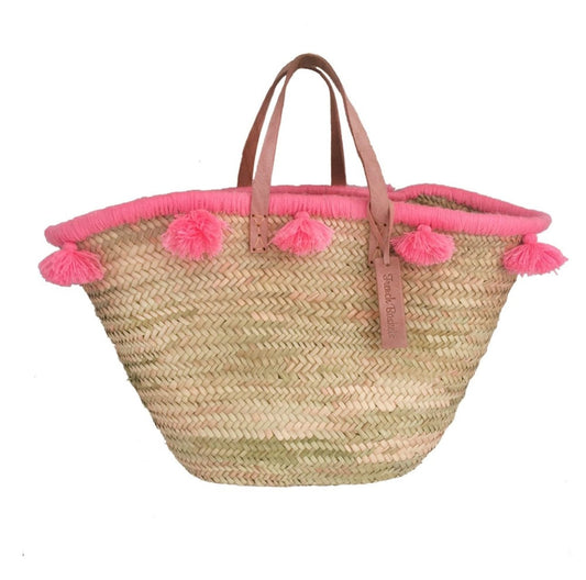 Straw Beach Bag with Pink Pom Poms