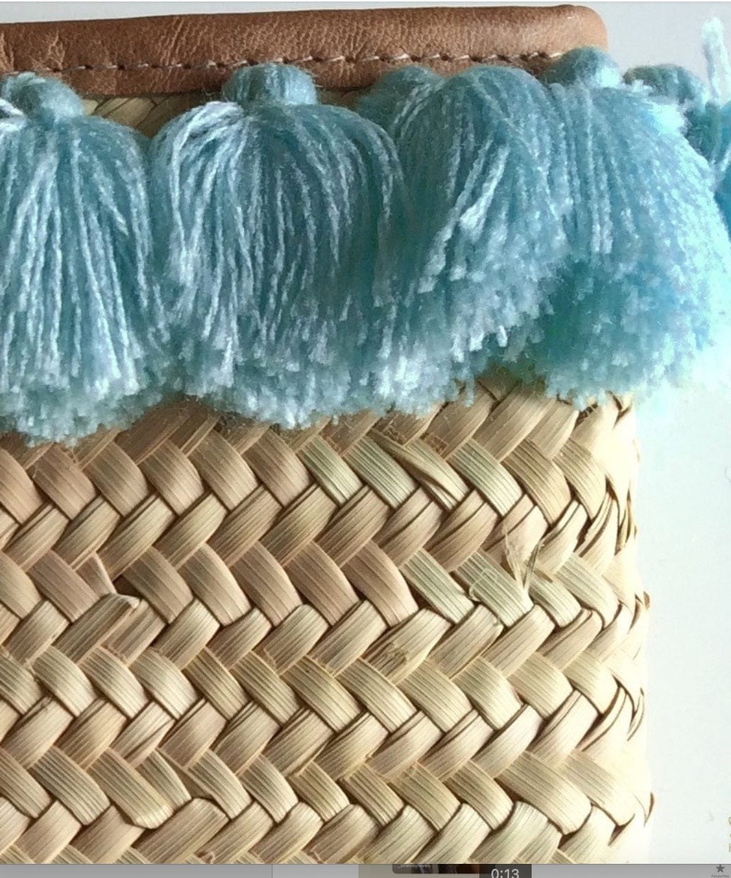 Straw Clutch Bag With  Blue Pom Poms