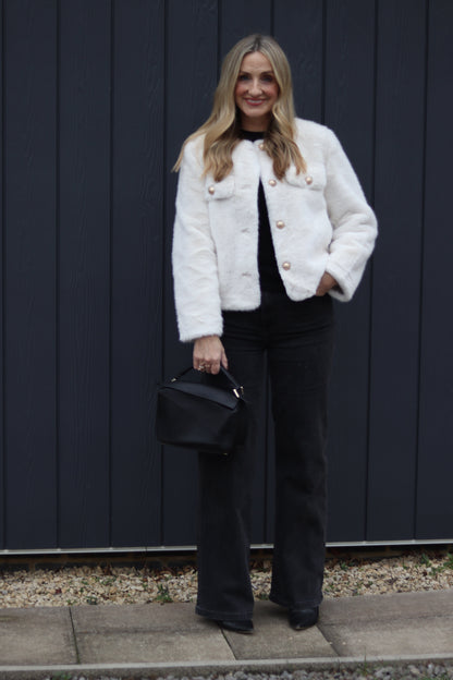 Cropped Faux Fur Jacket with Front Pockets