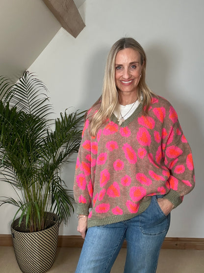 Taupe Oversized Slouch Knit with Pink and Orange Leopard Spots