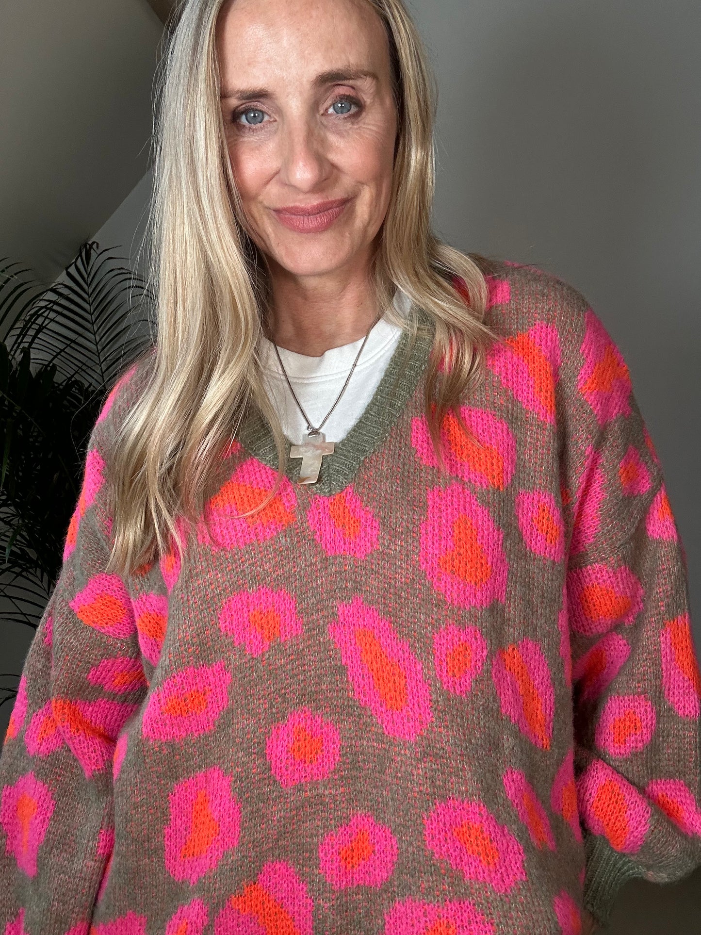 Taupe Oversized Slouch Knit with Pink and Orange Leopard Spots