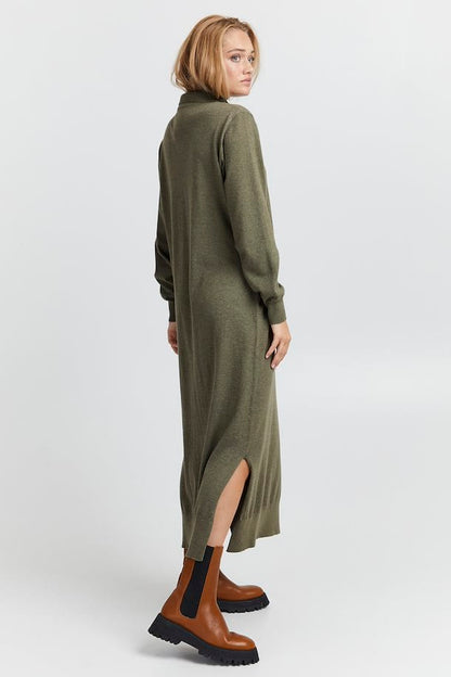 Funnel Neck Long knitted Dress - Khaki