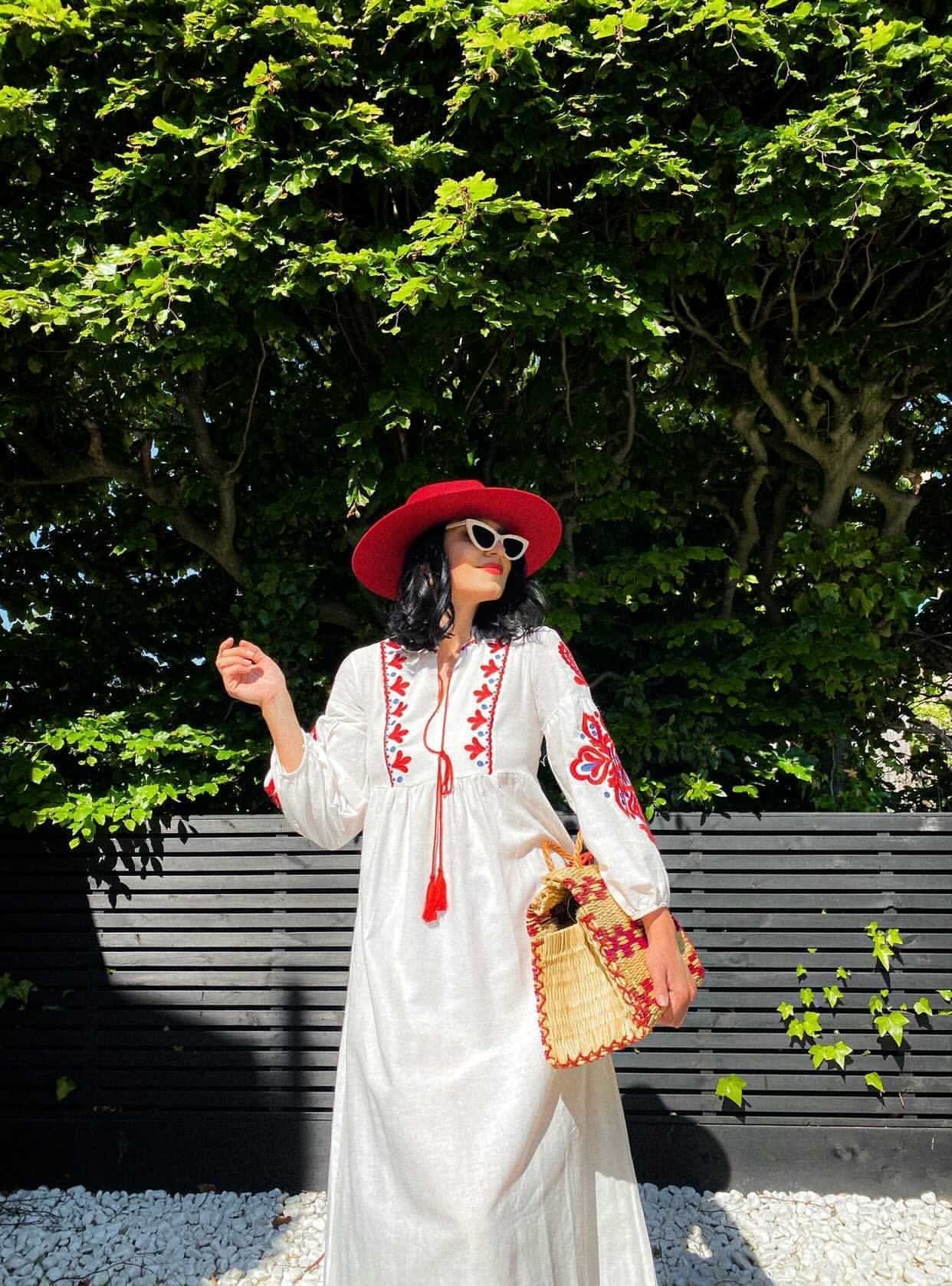 White and red embroidered sales dress